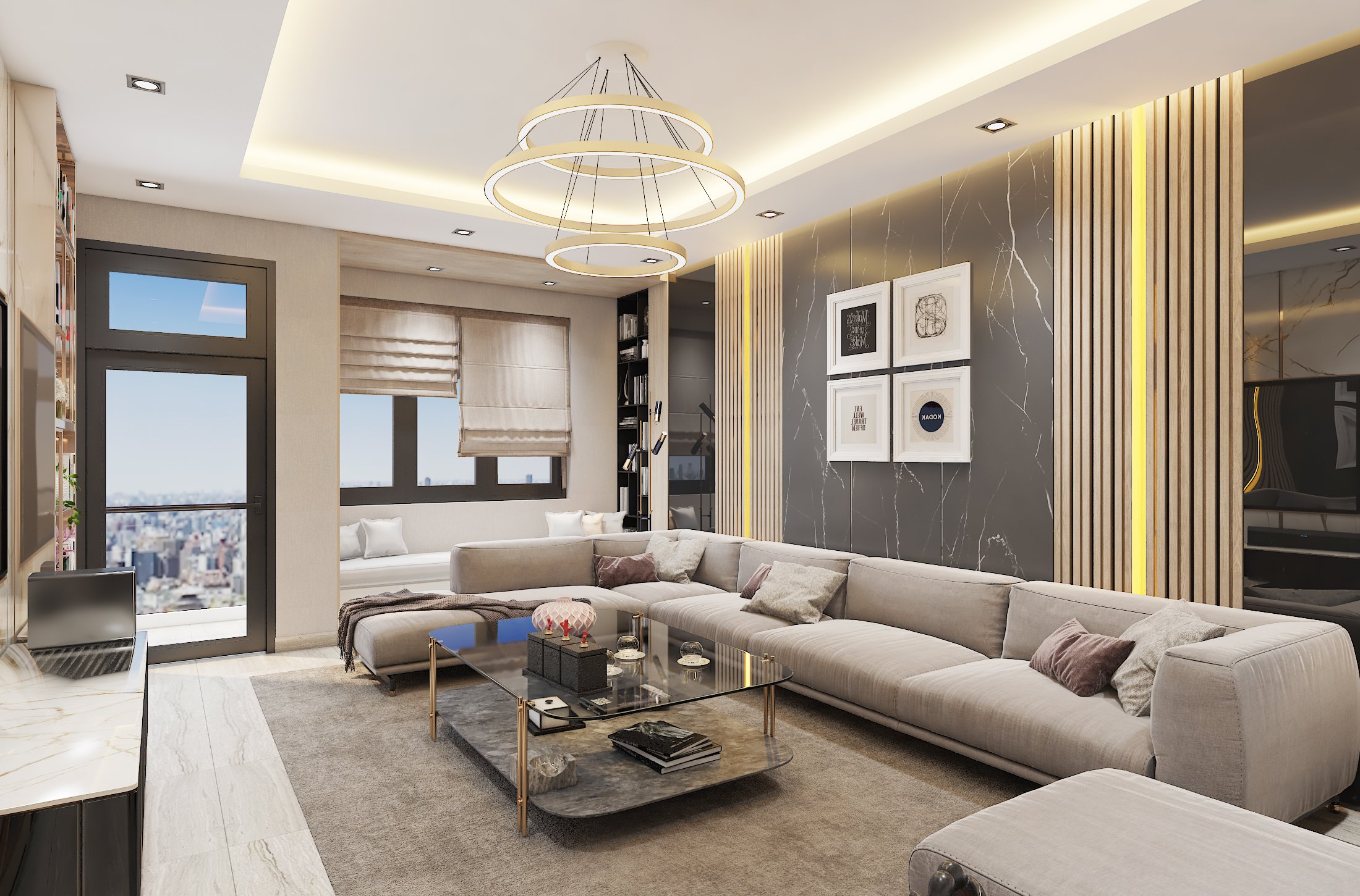 Thiết kế nội thất phòng khách hiện đại với bộ ghế sofa dài