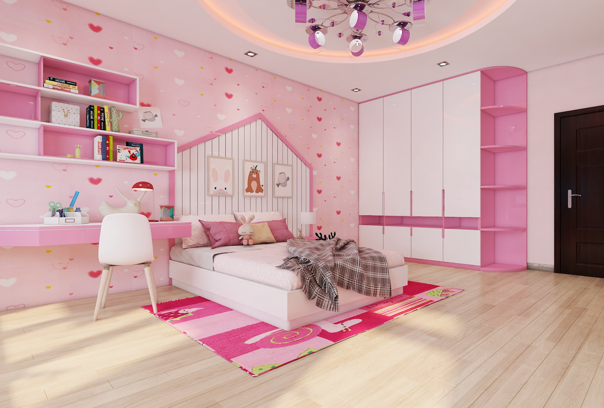 Phòng ngủ tông hồng cực xinh cho bé gái