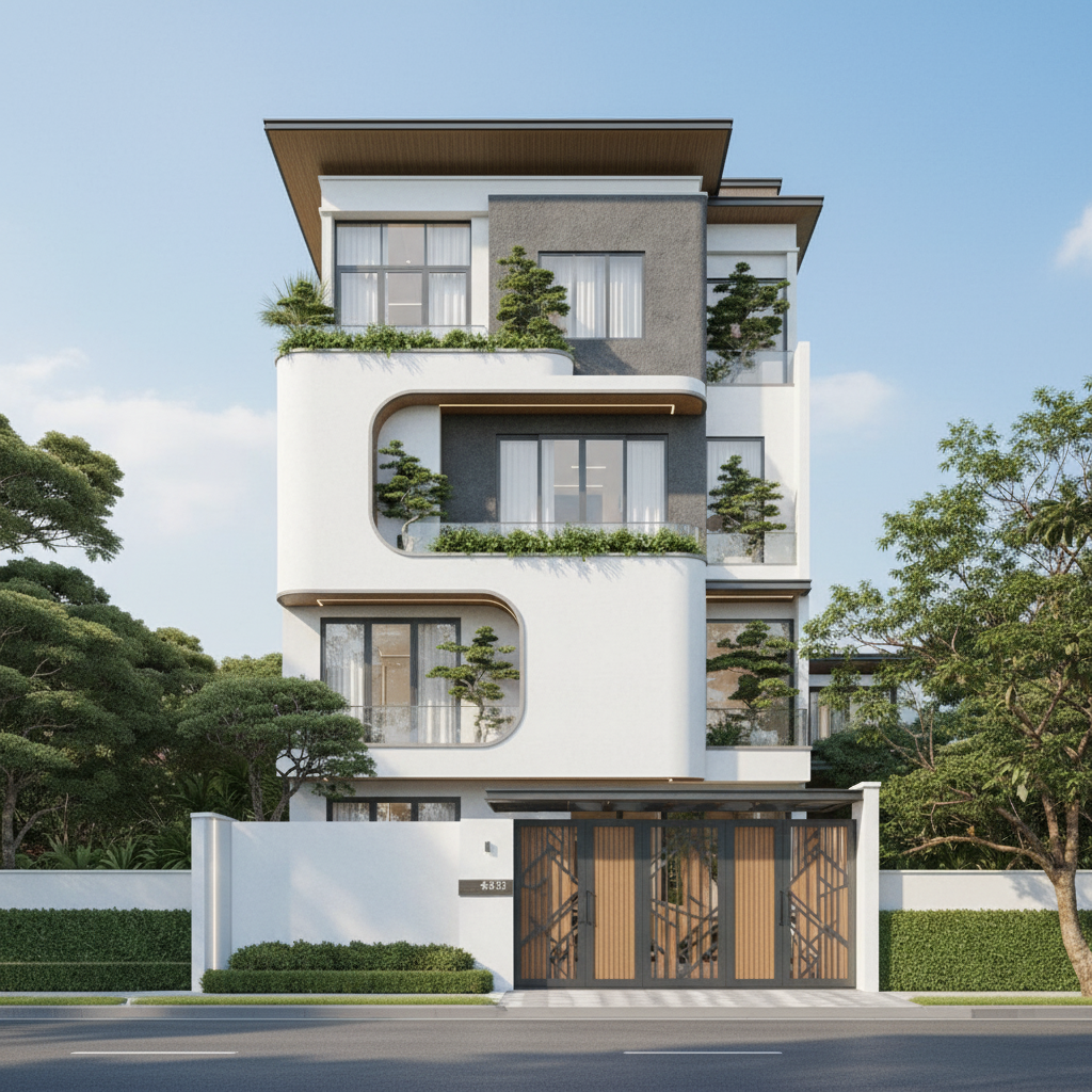 Phối cảnh mẫu nhà phố 4 tầng hiện đại với đường nét mặt tiền bo cong