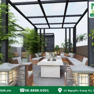 Phối cảnh sân thượng cải tạo nhà chị Bích Phương tại Quy Nhơn với logo Nhà Xinh Xinh, hotline 08.8888.0301 và địa chỉ công ty